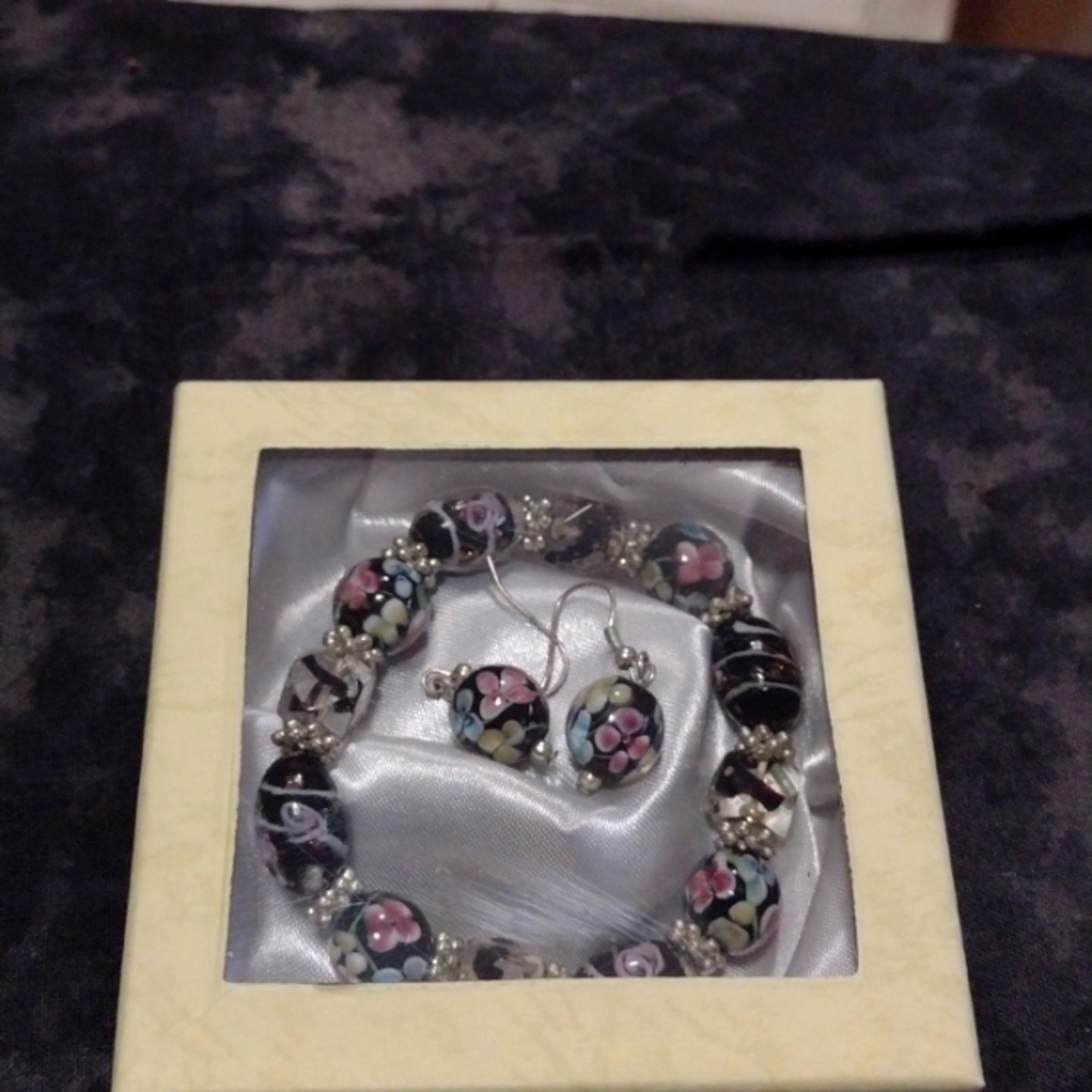 Cloisonne Beaded Bracelet and Earrings Set in gift box